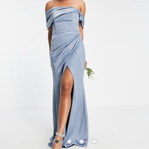 ASOS Design Dusky Blue Satin Bardot Drape Wrap Maxi Dress size 6 - Picture 1 of 3